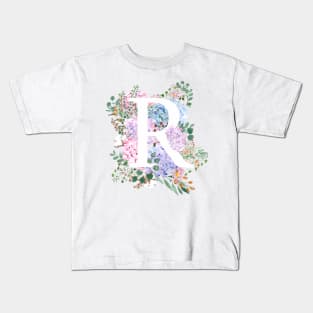 botanical monogram alphabet R hydrangea flowers Kids T-Shirt